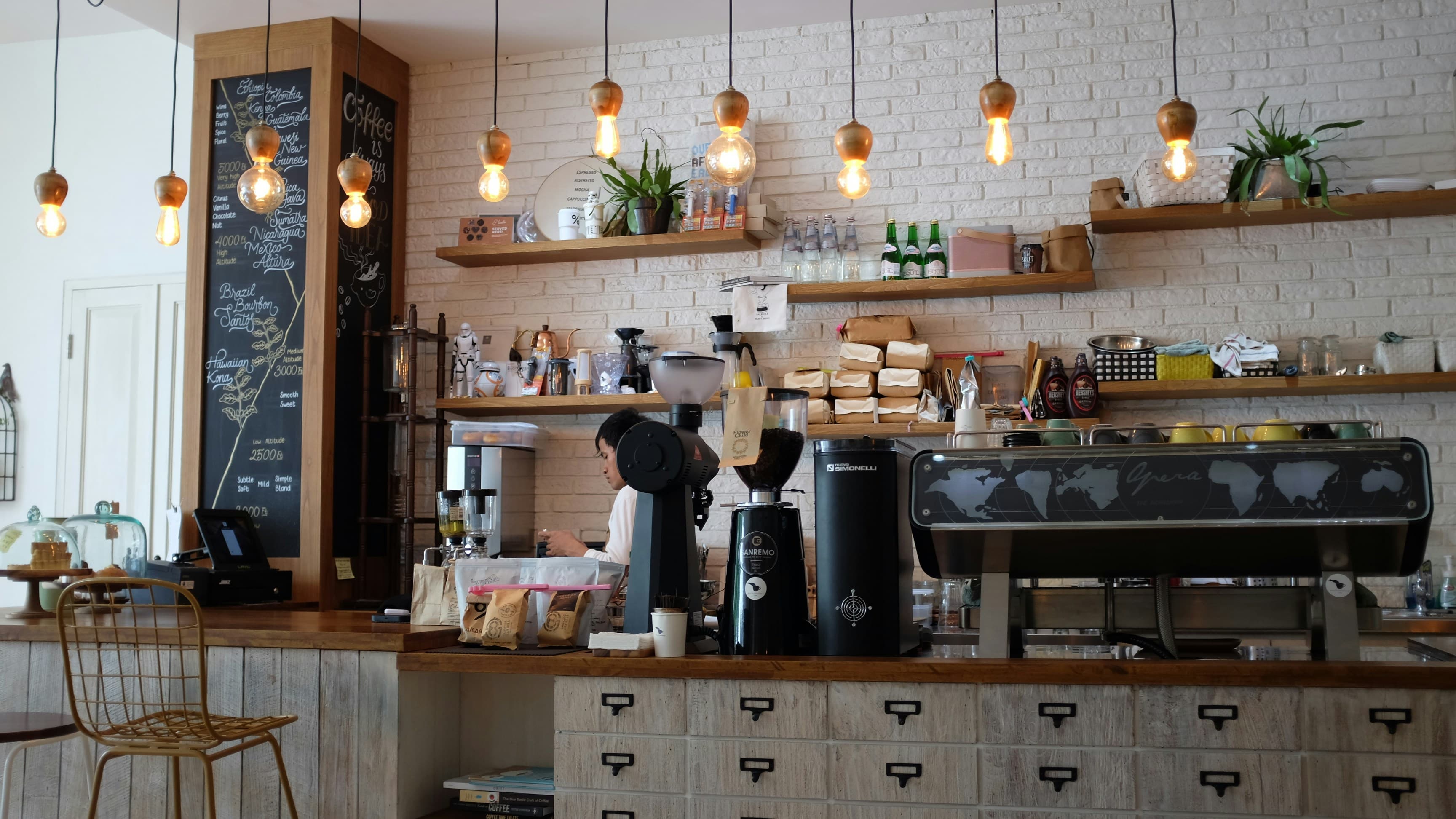 Coffee bar interior with retail shelf
