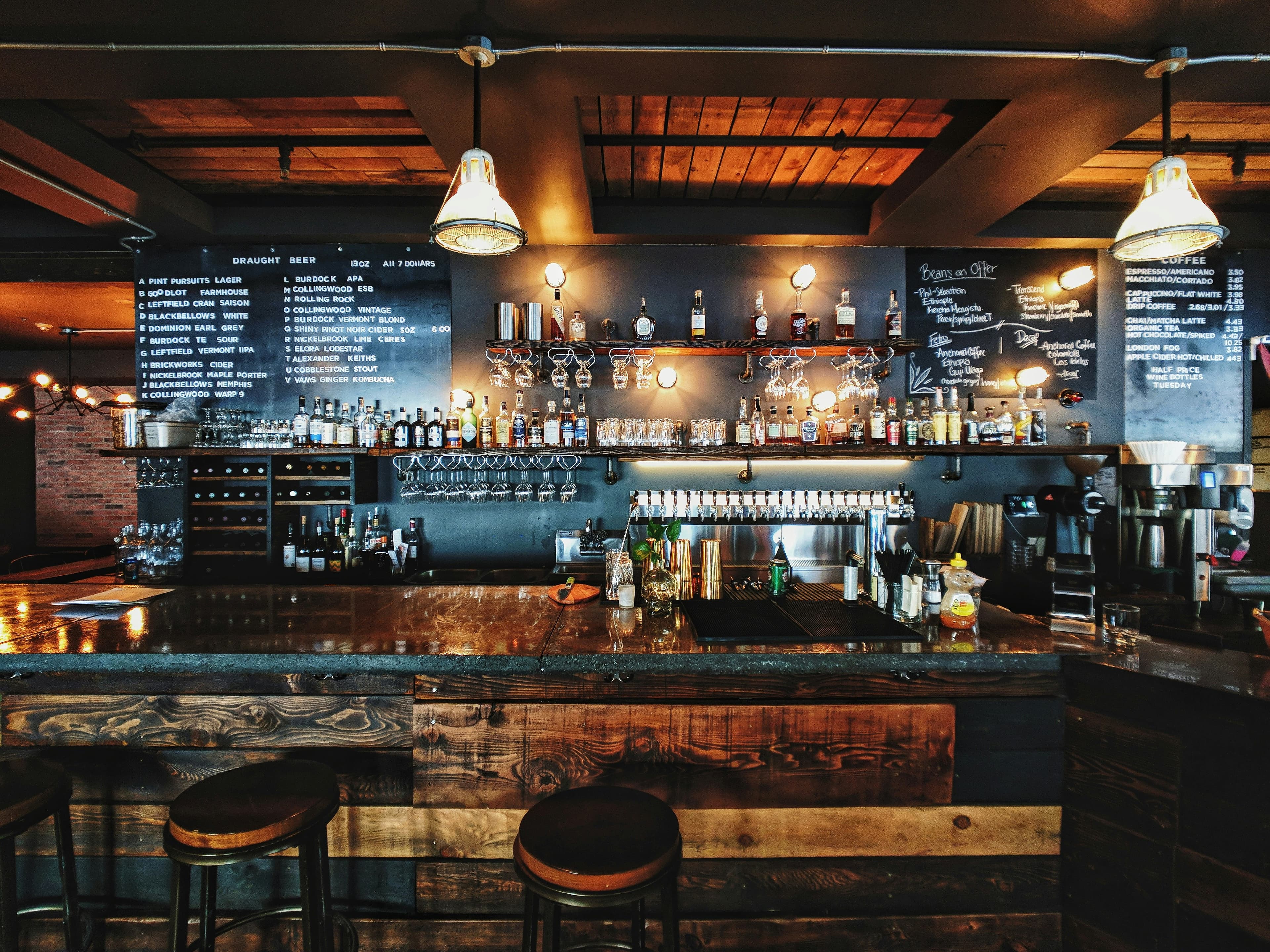 Neighborhood pub interior, evening service