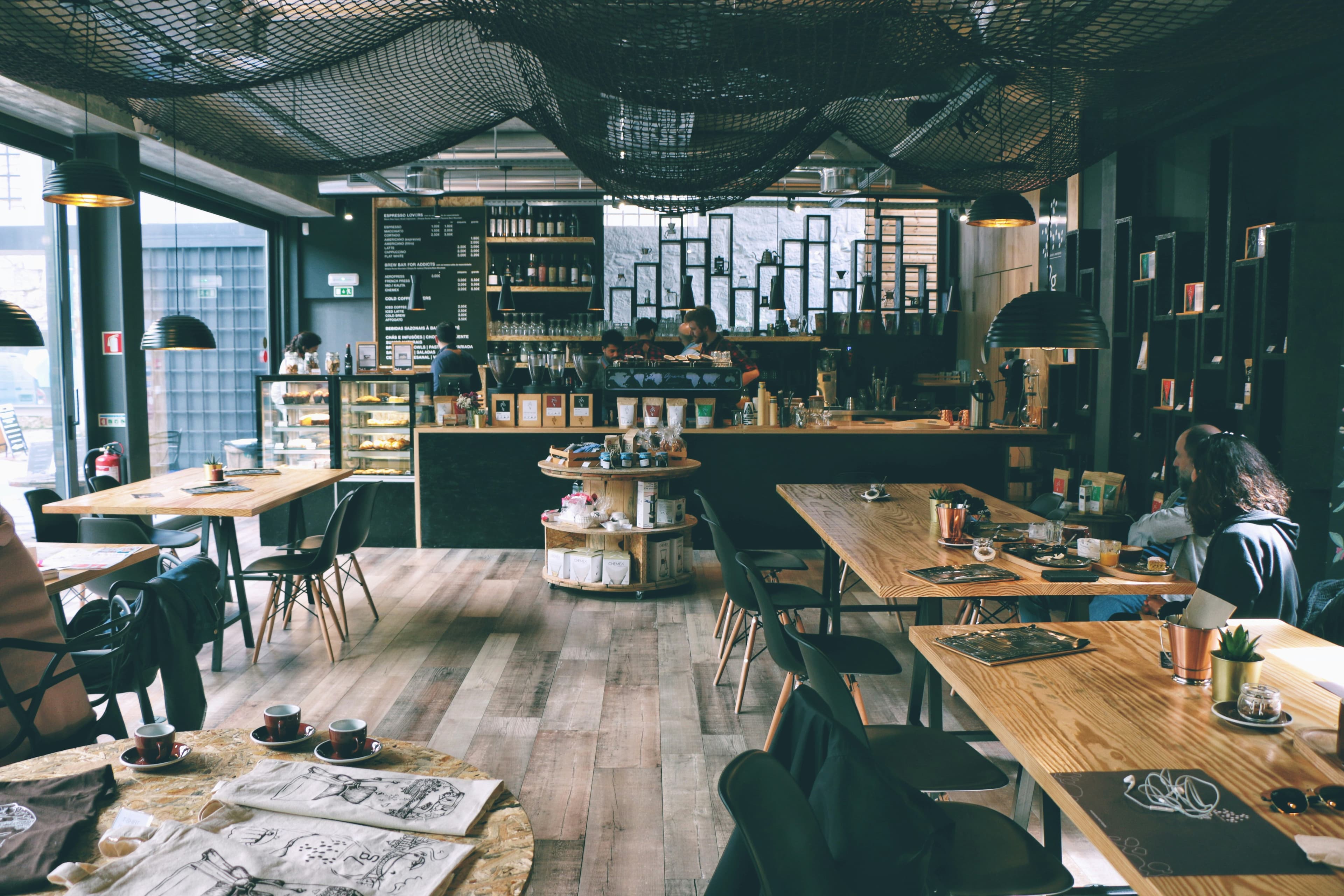 Local restaurant interior, warm lighting